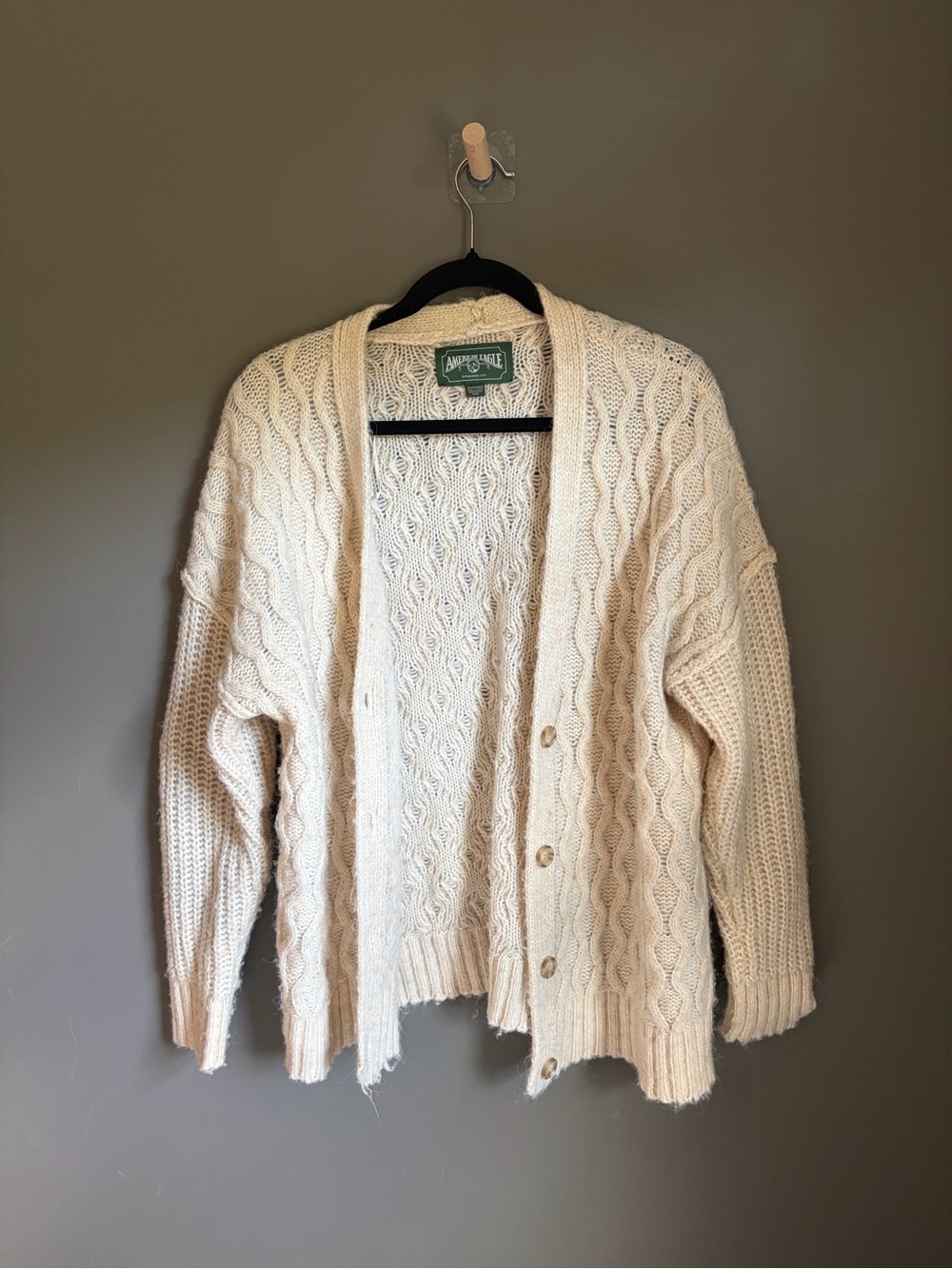 “Vintage” AE Oversized Cream Cable Knit Button-Front Sweater Cardigan